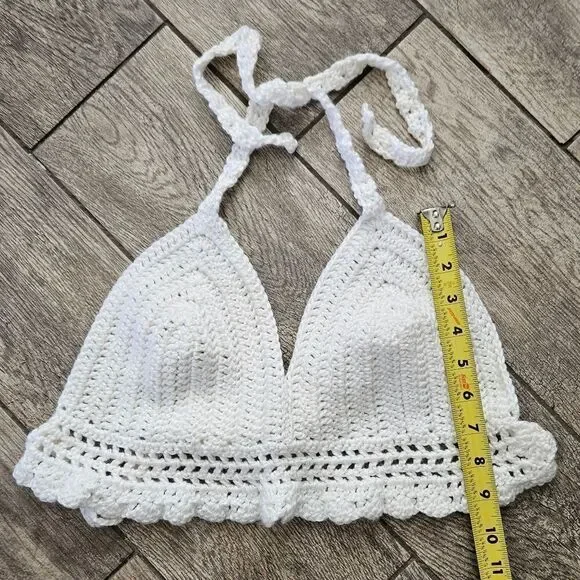 Hand Crafted White Crochet Halter Top Bralette Size L - Picture 4 of 8